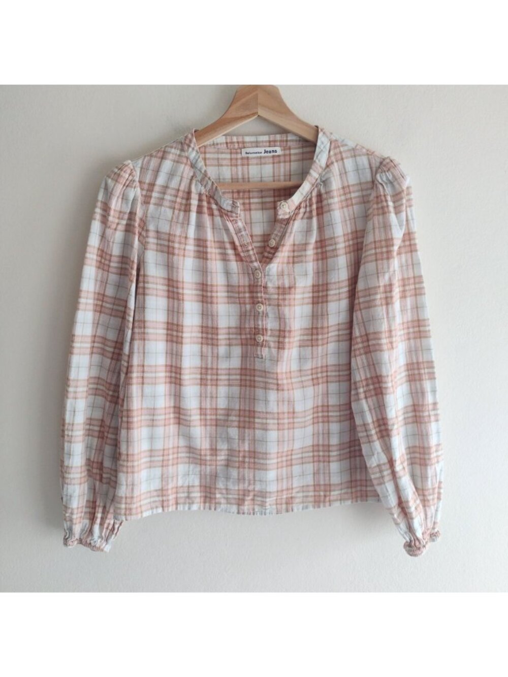 Reformation Plaid Blouse S Soft Peach Tan Light Academia Cotton Top - Picture 10 of 10